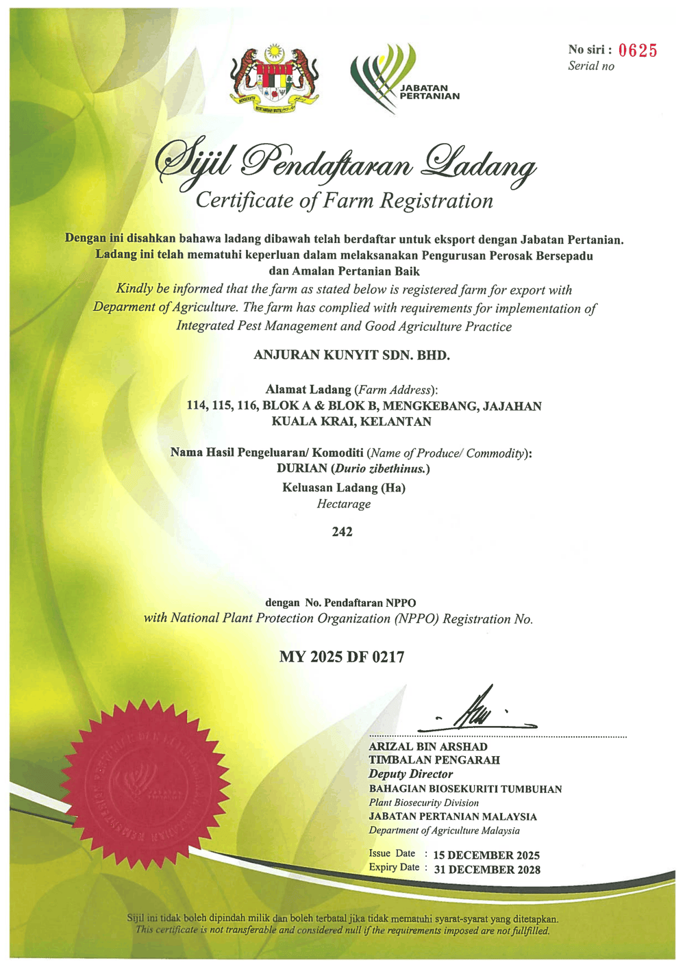 NPPO Cert (Anjuran Kunyit)